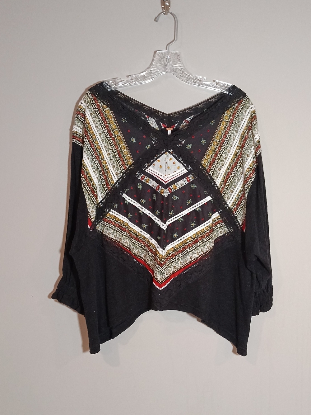 Free People Prairie Days Tee Top Black Boho V-Neck Printed Women's Top Size S